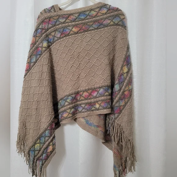 Beige Knit Poncho with Multicolor Accents OS - Picture 7 of 8